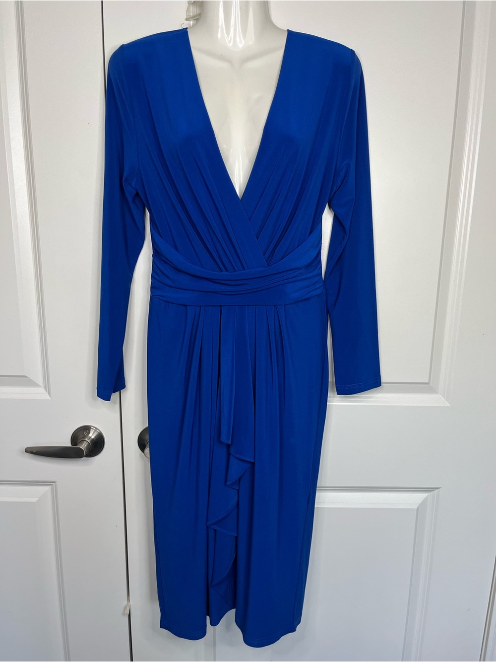 Joseph Ribkoff V Neck Surplice Faux Wrap Draped Long Sleeve Dress 12 US Blue